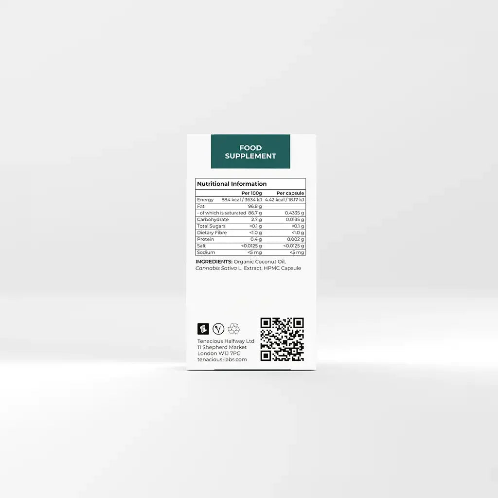 Back of Provacan Complete 24mg CBD Capsules box with nutritional information and ingredients. 
Ingredients: Organic Coconut Oil, Cannabis Sativa L. Extract, HPMC Capsule